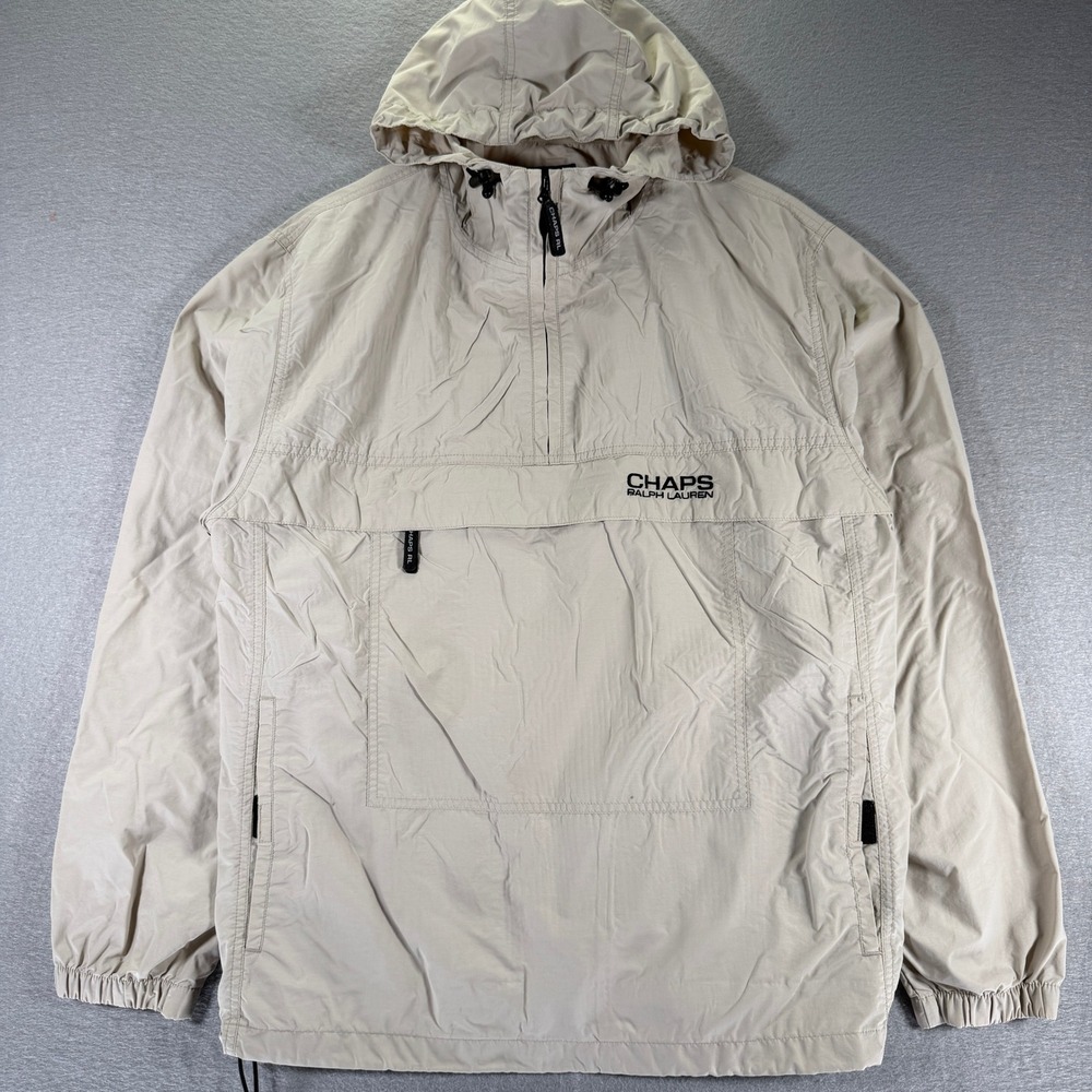 Chaps Ralph Lauren Pullover Anorak Jacket Mens Beige Hooded Windbreaker